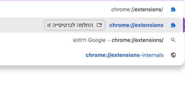 פתיחת דפדפן Chrome והגעה לתפריט התוספים